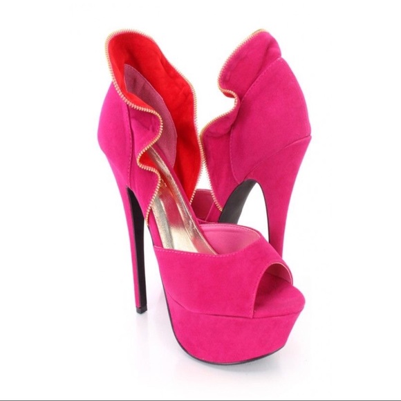Fuchsia Zipper Trim Collar Platform Heels Suede!. - Picture 2 of 6